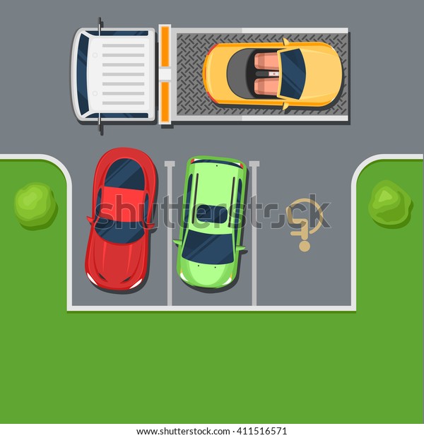 けん引車は障害者の立ち入り場に駐車した車を引き取る 駐車場の平面図の違反 ウェブデザインまたは印刷用のカラーフラットスタイルのベクターイラスト背景 のベクター画像素材 ロイヤリティフリー