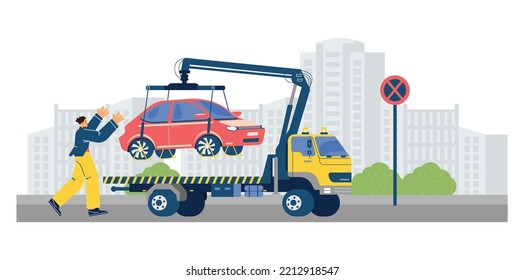 Tow truck takes the car off the road flat cartoon vector illustration. Car towing truck evacuation and transportation of broken vehicle roadside services.