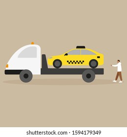 The tow truck takes a taxi and the driver runs after it