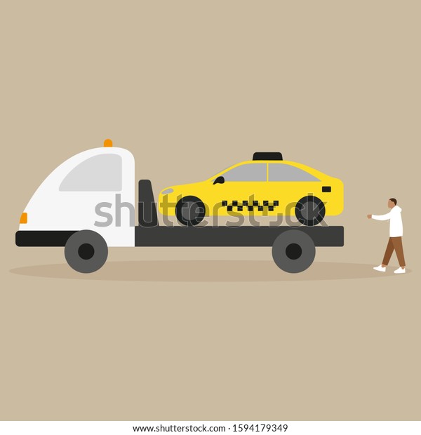 The\
tow truck takes a taxi and the driver runs after\
it