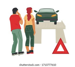 Tow truck taking car after road accident or breakdown. Evacuation of cars for diagnostics, repair, and replacement of parts. Service of roadside assistance or towing. Vector illustration isolated.