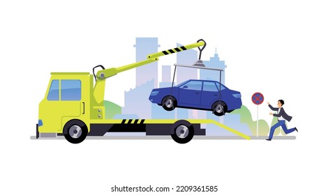 Tow truck that tows the car for wrong parking and owner trying to catch it, flat cartoon vector illustration isolated on white background. Tow truck in the city.