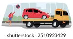 Tow Truck Towing A Red Car With An Upset Woman Chasing After It. Scene Is Set Against An Urban Background With A No Parking Sign, Indicating The Car Was Parked Illegally. Cartoon Vector Illustration