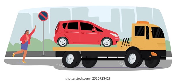 Tow Truck Towing A Red Car With An Upset Woman Chasing After It. Scene Is Set Against An Urban Background With A No Parking Sign, Indicating The Car Was Parked Illegally. Cartoon Vector Illustration