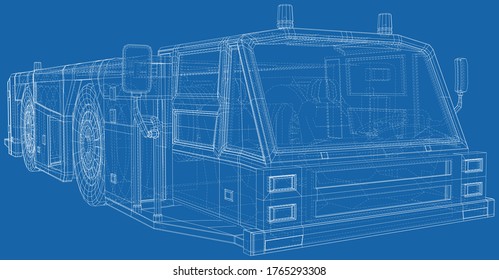 Tow truck transport in airport Isolated. 3D rendering. Wire-frame. The layers of visible and invisible lines are separated. EPS10 format.