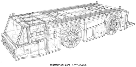 Tow truck transport in airport. Wire-frame line isolated. Vector rendering of 3d.