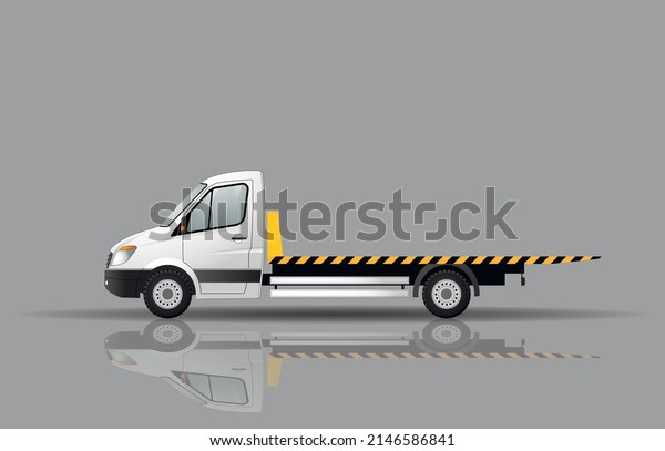 Tow truck for\
transport malfunctions and emergency vehicles. Reflection on the\
ground. Flat vector\
illustration.