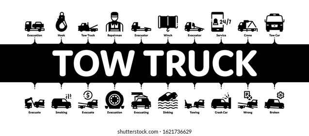 Tow Truck Transport Minimal Infographic Web Banner Vector. Tow Truck Evacuating And Transportation Broken Car, Winch And Hook Concept Illustrations