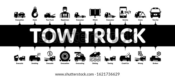 Tow Truck Transport Minimal Infographic Web\
Banner Vector. Tow Truck Evacuating And Transportation Broken Car,\
Winch And Hook Concept\
Illustrations