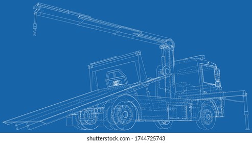 Tow truck for transportation faults and emergency cars vector illustration. Wire-frame line isolated. Vector rendering of 3d.