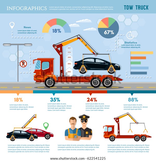 Tow truck for transportation faults and emergency cars,\
tow truck infographic vector. Car service infographic, auto towing\
