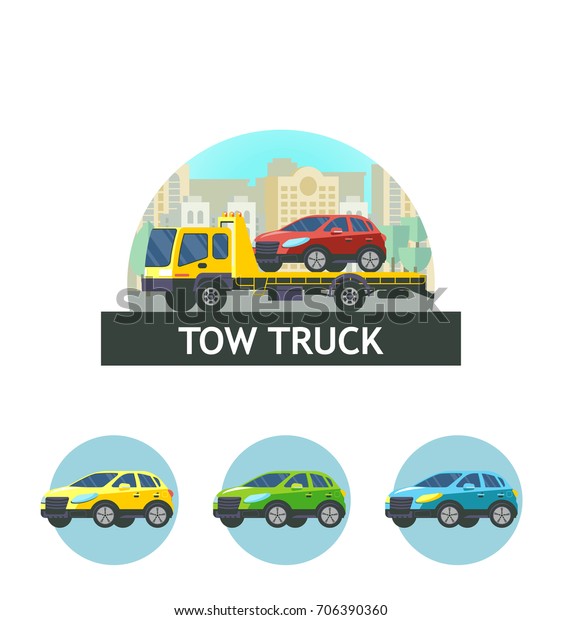 Tow truck for\
transportation faulty cars. Vector illustration, logo, icon. The\
evacuation of the car.