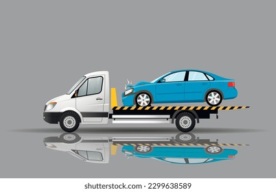 A tow truck transports a broken car after an accident. Reflection on the ground. Flat vector illustration.