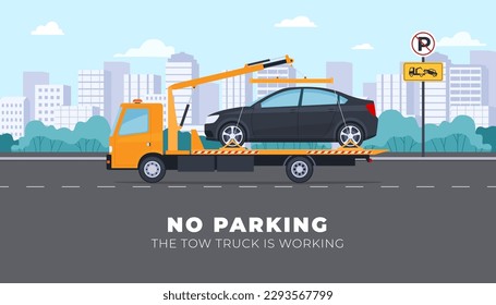 The tow truck transports the car. Improper car parking and evacuation to the penalty area. Vector illustration