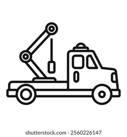 Tow truck using hydraulic crane for roadside assistance, line icon design