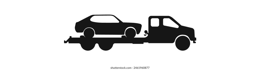 Tow truck vector black icon. Cargo transportation logo. Delivery by car vector. Transport for delivery icon. Fast delivery car. Black car, truck vector. Vector illustration.
