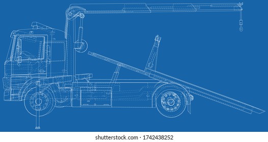 Tow truck vector. Isolated Wire-frame of breakdown lorry. Wire-frame line isolated. Vector rendering of 3d.
