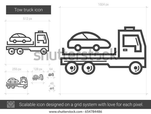 Tow truck vector line icon isolated on white\
background. Tow truck line icon for infographic, website or app.\
Scalable icon designed on a grid\
system.