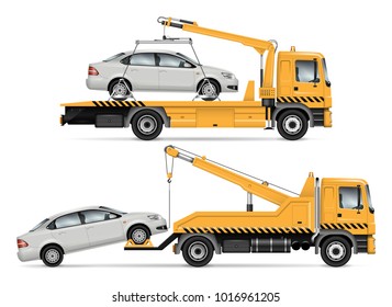 Tow truck vector mock-up. Isolated template of breakdown lorry. Vehicle branding mockup. Truck towing the car, side view. All elements in the groups on separate layers. Easy to edit and recolor