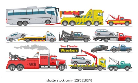 Tow truck vector towing car trucking vehicle bus transportation towage help on road illustration set of towed auto transport isolated on white background