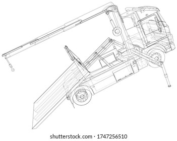 Tow truck vector. Towing car trucking vehicle transportation towage. Help on road. Wire-frame. The layers of visible and invisible lines are separated. EPS10 format.