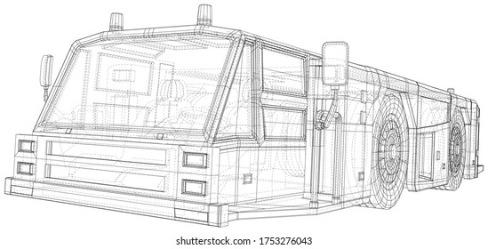 Camión de remolque. Vector Wire-frame transporte aislado en el aeropuerto en segundo plano. Representación vectorial de 3d.