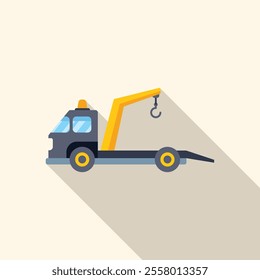 Tow truck is waiting to evacuate a broken car in a flat design with long shadow