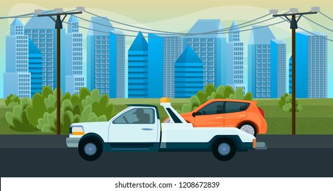 Tow truck when a car breaks down. Tow goes on the road to the challenge. Background for websites, banners and posters. Road assistance service evacuator car help. vector illustration