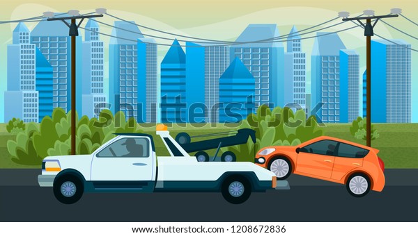 Tow truck when a car breaks down. Tow goes\
on the road to the challenge. Background for websites, banners and\
posters. Road assistance service evacuator car help. vector\
illustration