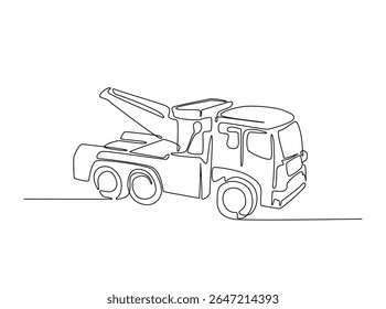 Tow truck with winches in single outline illustration. Continuous line art drawing of car tow truck.
