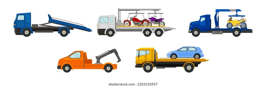 Tow Truck or Wrecker as Lorry Moving Disabled or Improperly Parked Motor Vehicle Vector Set