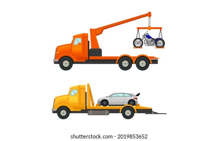 Tow Truck or Wrecker Moving Disabled or Improperly Parked Motor Vehicle Vector Set