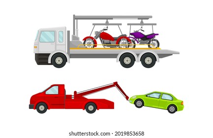 Tow Truck or Wrecker Moving Disabled or Improperly Parked Motor Vehicle Vector Set