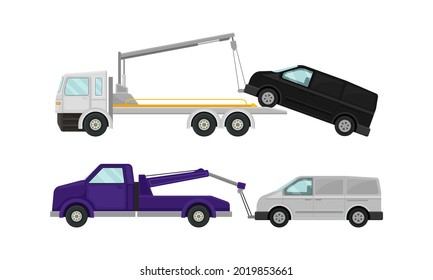 Tow Truck Or Wrecker Moving Disabled Or Improperly Parked Motor Vehicle Vector Set
