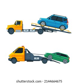 Tow Truck or Wrecker Moving Disabled or Impounded Motor Vehicle Vector Set