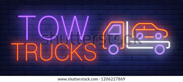 Tow\
trucks neon text with car being evacuated. Car evacuation\
advertisement design. Night bright neon sign, colorful billboard,\
light banner. Vector illustration in neon\
style.
