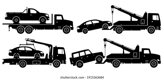 Tow trucks silhouette on white background. Vehicle icons set view from side