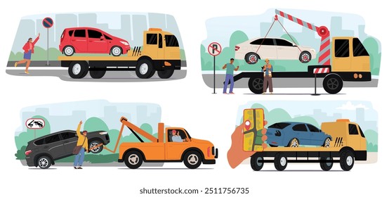 Los Vehículos De Remolque De Dos Camiones En Diferentes Escenarios Presentan Escenas Con Camiones De Remolque Que Levantan Y Transportan Vehículos, Destacando La Recuperación De Vehículos Y Los Servicios De Asistencia Vial. Ilustración vectorial de dibujos animados