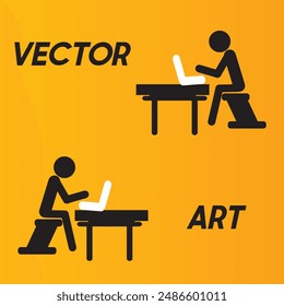 tow vector pictogram working on laptop. Simple black silhouettes isolated on a yellow background.