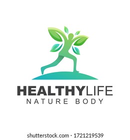 towards healthy living logo, people leaf run logo design vector template