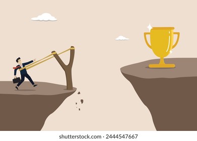 Towards success, increasing career development, accelerating business growth concept, brave businessman pulling rubber band ready to launch slingshot flight towards cup of success.