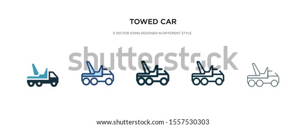 towed car\
icon in different style vector illustration. two colored and black\
towed car vector icons designed in filled, outline, line and stroke\
style can be used for web, mobile,\
ui