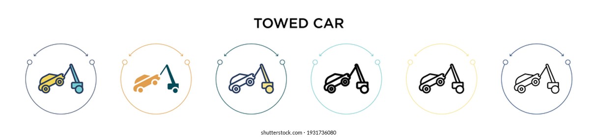 Towed car icon in filled, thin line, outline and stroke style. Vector illustration of two colored and black towed car vector icons designs can be used for mobile, ui, web