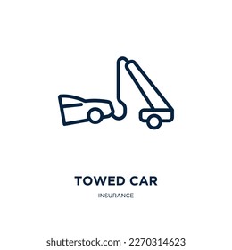 towed car icon from insurance collection. Thin linear towed car, truck, car outline icon isolated on white background. Line vector towed car sign, symbol for web and mobile