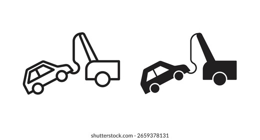 Towed car icon set, line and black glyph style for food app website.