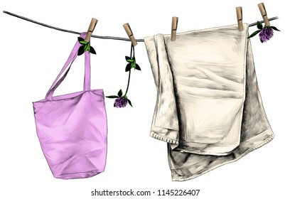 towel and bag hanging on linen rope on wooden clothespins, rope decorated with flowers and clover leaves, sketch vector graphic color illustration on white background