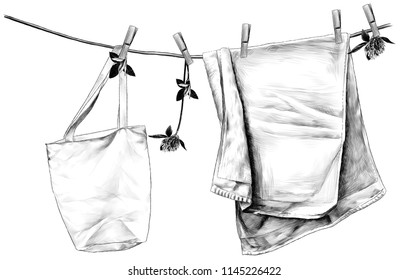 towel and bag hanging on linen rope on wooden clothespins, rope decorated with flowers and clover leaves, sketch vector graphics monochrome illustration on white background