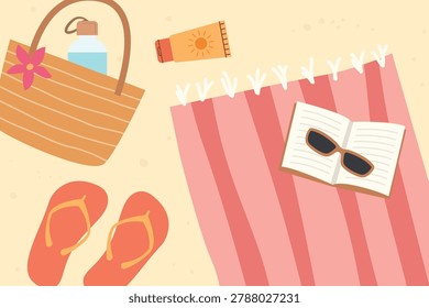 towel, book, sunglasses, flip flops, bag, water bottle and SPF cream on the beach, flat lay; perfect for vacation-themed graphics, travel promotions, or seasonal marketing materials- vector illustration
