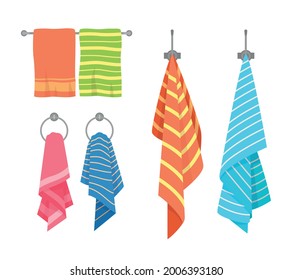 Towel cartoon. Kitchen and bath hanging towels collection. Kids and adult fabric. Cotton napkin and rags, home hotel or spa hygiene textile colorful objects. Vector isolated set