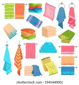 Towel cartoon set. Beach, kitchen and bath hanging and stacked towels collection. Cotton napkin and rags, rolls for spa hygiene textile colorful objects. Vector isolated collection